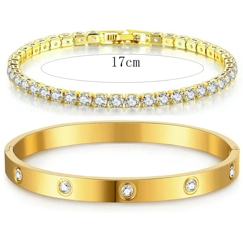 14K Gold-Plated CZ Tennis Bracelet & Bangle Set