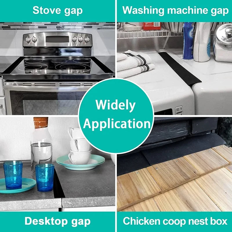 Various gap covers for kitchen appliances including stove, washing machine, desktop, and chicken coop nest box.