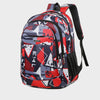 A red and gray patterned laptop backpack with black straps.