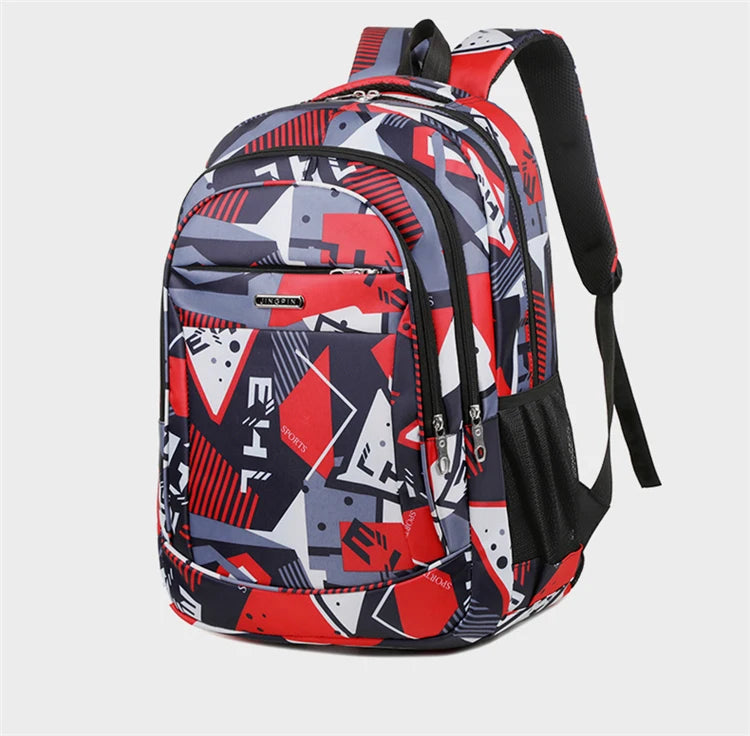 A red and gray patterned laptop backpack with black straps.