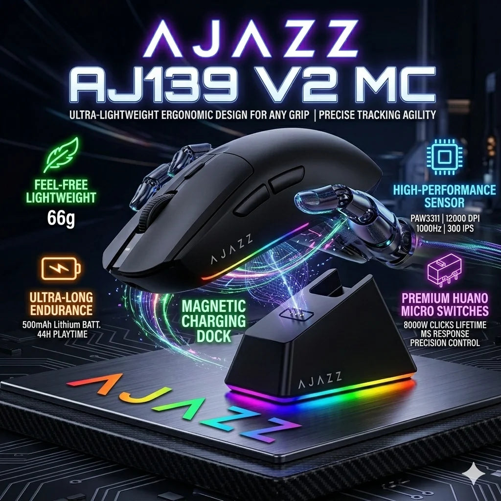 Ajazz AJ139 V2 MC wireless gaming mouse with a magnetic charging dock and RGB lighting