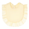 A pale yellow, ribbed cotton baby bib in a ruffle style with a button closure.