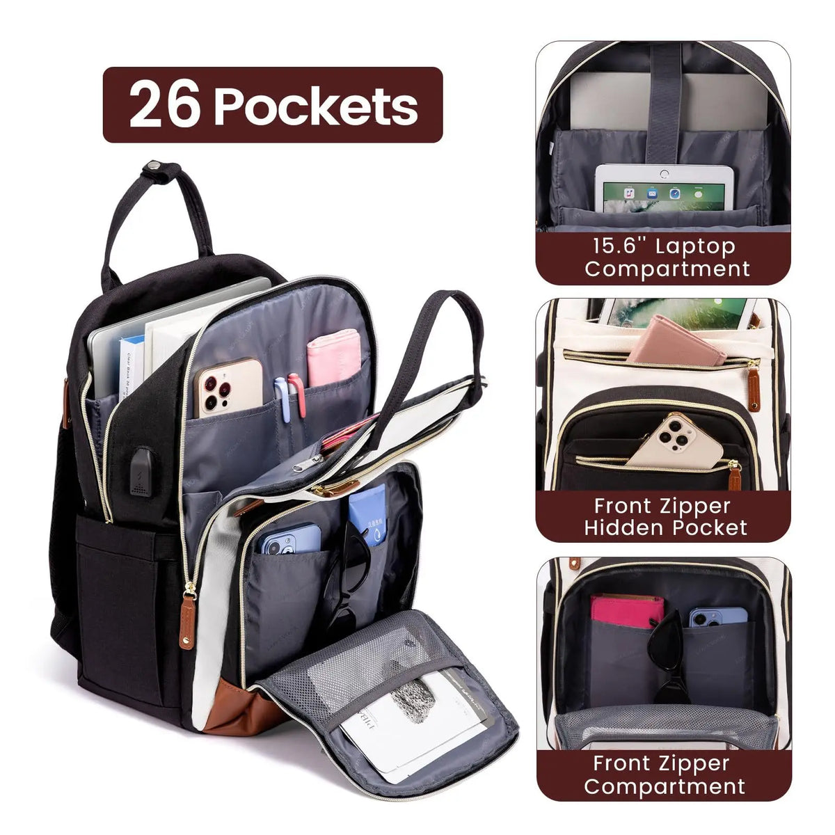 A black and gray anti-theft laptop backpack featuring multiple pockets and compartments for a 15.6 inch laptop.
