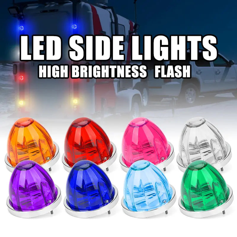 A collection of eight colored LED side lights, including orange, red, pink, purple, blue, cyan, and green, displayed in a row