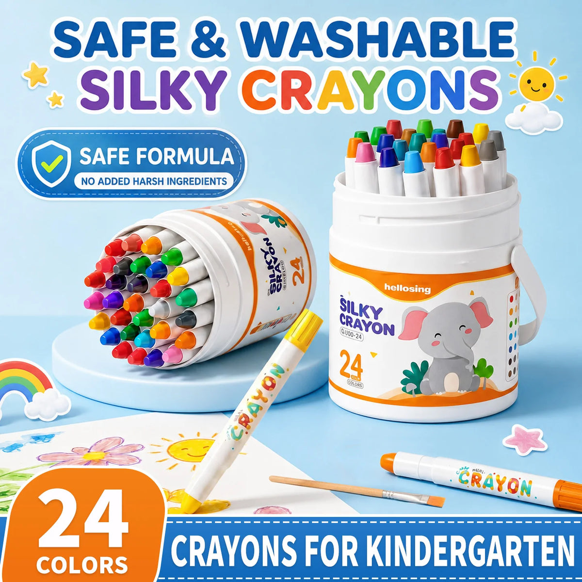 A set of 24 safe and washable silky crayons for kindergarten, including a large container and individual crayons.