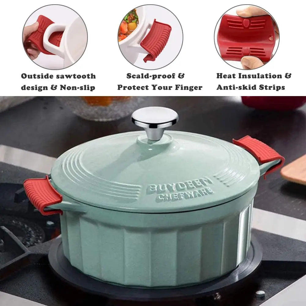 A light green heat-resistant silicone pan handle cover with a silver knob is shown on a stovetop.