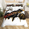 A white duvet cover set featuring a black and orange basketball graphic design with motivational text.