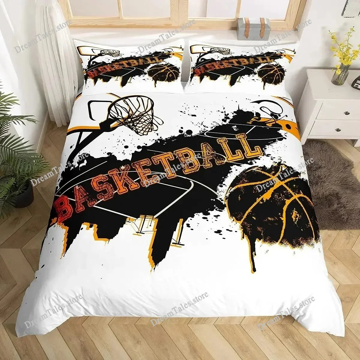 A white duvet cover set featuring a black and orange basketball graphic design with motivational text.