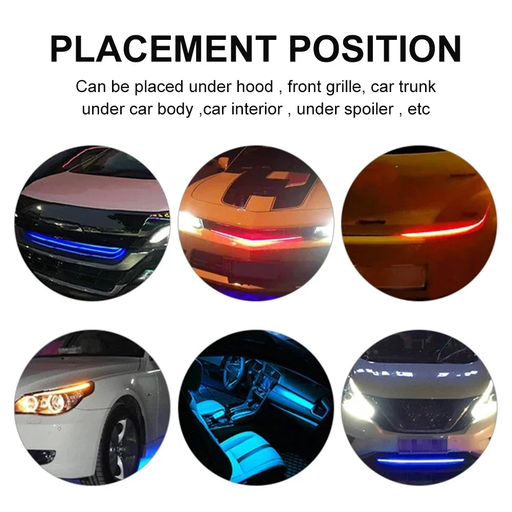 Various placement positions for a 22-inch RGB LED car scanner light strip including under the hood, grille, trunk, and interi