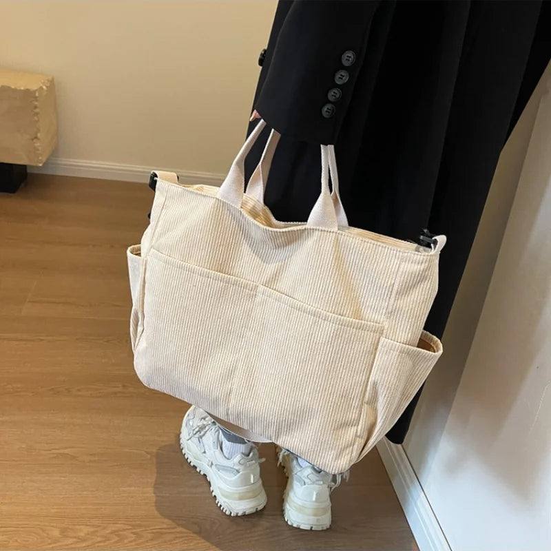 Multi-Pocket Corduroy Tote Bag – Large Capacity Casual Satchel for Travel, Work & Commute