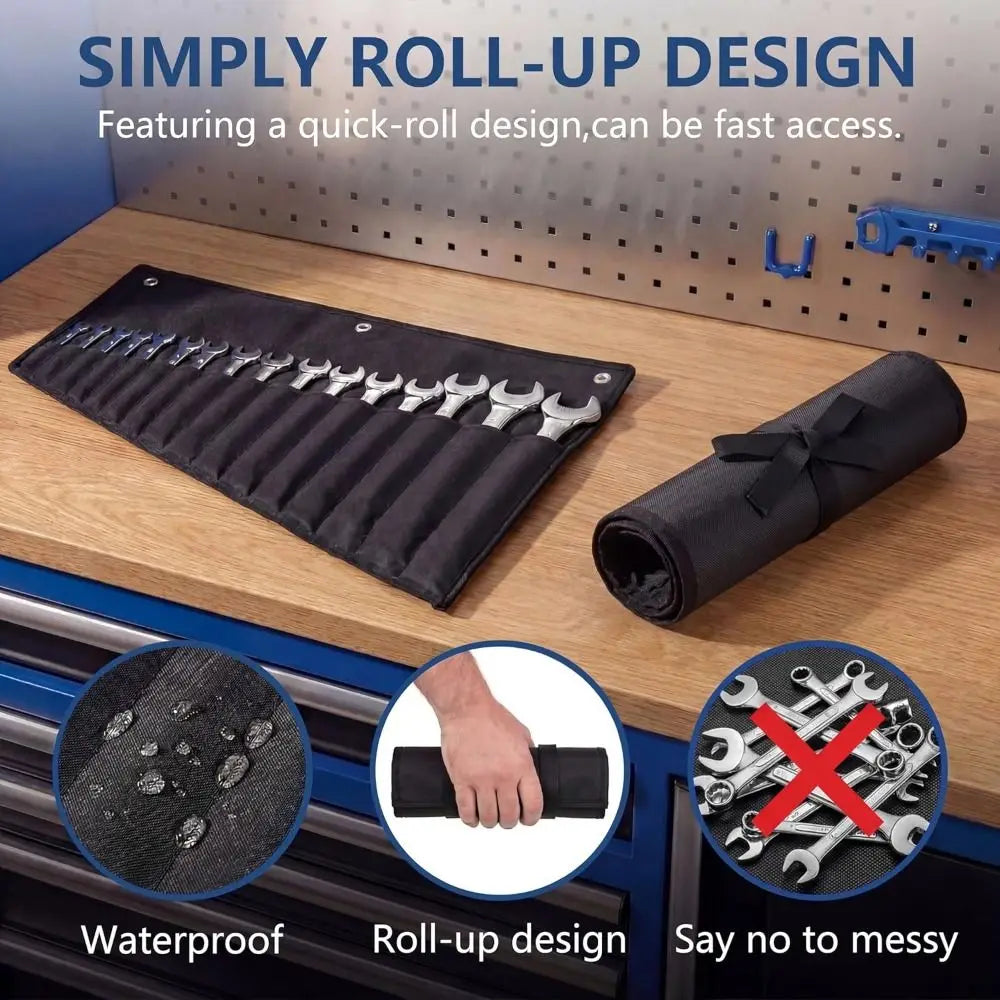 A black roll-up design tool organizer featuring multiple pockets and a compact rolled form.