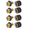 A set of five brass and black aluminum garden hose quick connectors for 3/4 inch connections.