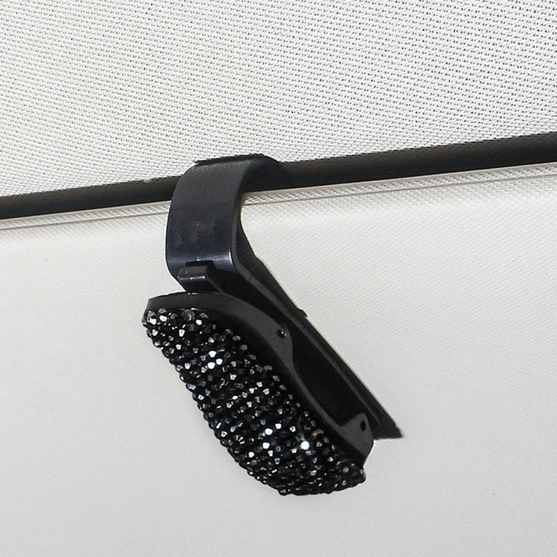 Black crystal rhinestone clip for securing sun visor sunglasses