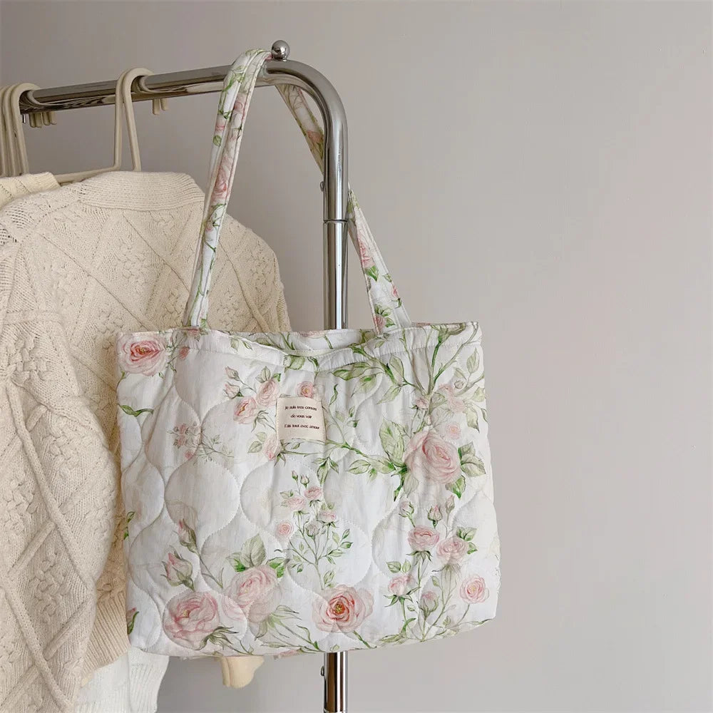 Quilted Floral Cotton Tote Bag with Padded Handle