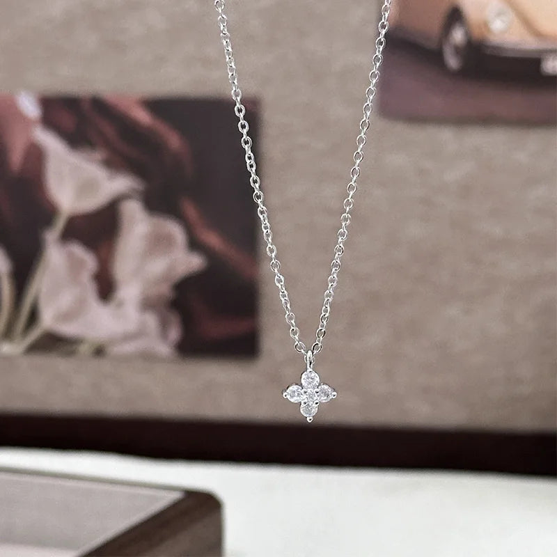 Dainty Lucky Leaf Necklace with White CZ Flowers