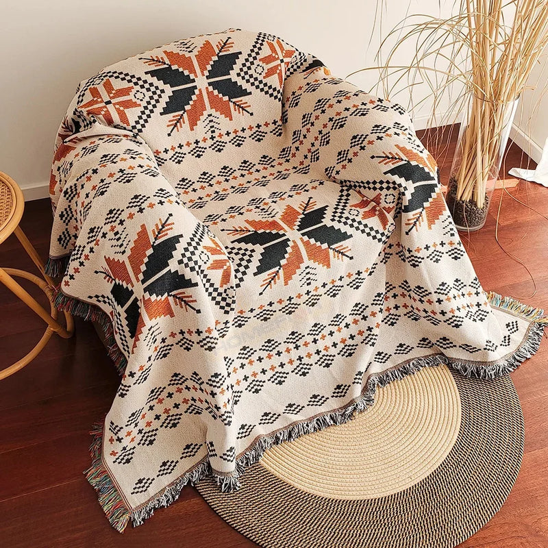 Oversized Aztec Boho Throw Blanket with Fringe