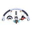 A baby stroller arch toy featuring a curved white and black striped bar with hanging plush charms including an owl, bee, and 