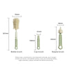 A set of three silicone baby bottle brushes shown with their individual dimensions.