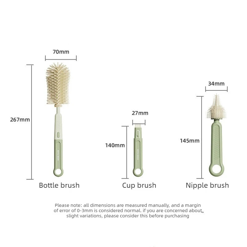 A set of three silicone baby bottle brushes shown with their individual dimensions.