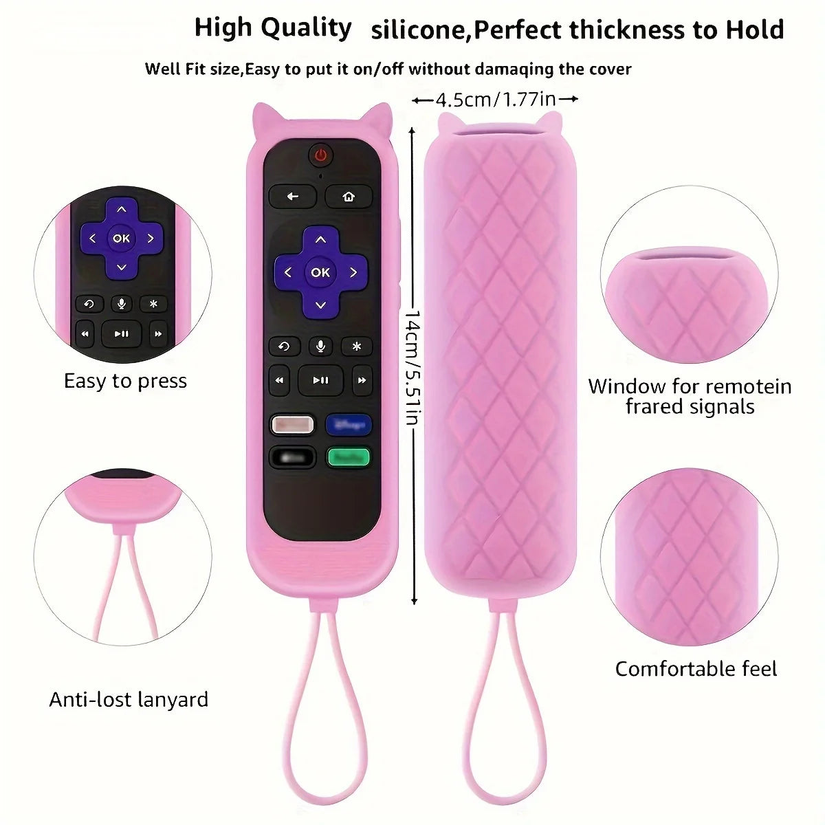 Pink silicone cat ear remote control cover with a button and lanyard for easy grip