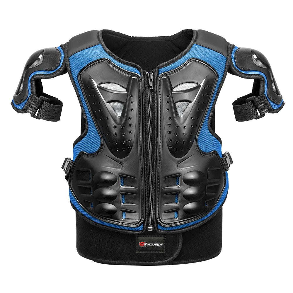 Black and blue kids motocross body armor set with elbow and knee pads