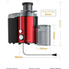 A red and black centrifugal juicer appliance with a feed tube, power specifications, and dimensions.