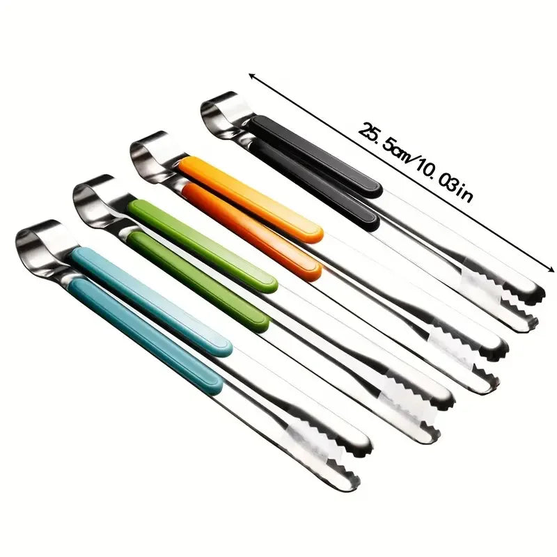 A set of five premium stainless steel BBQ tongs in various colors, demonstrating a 25.5cm length.