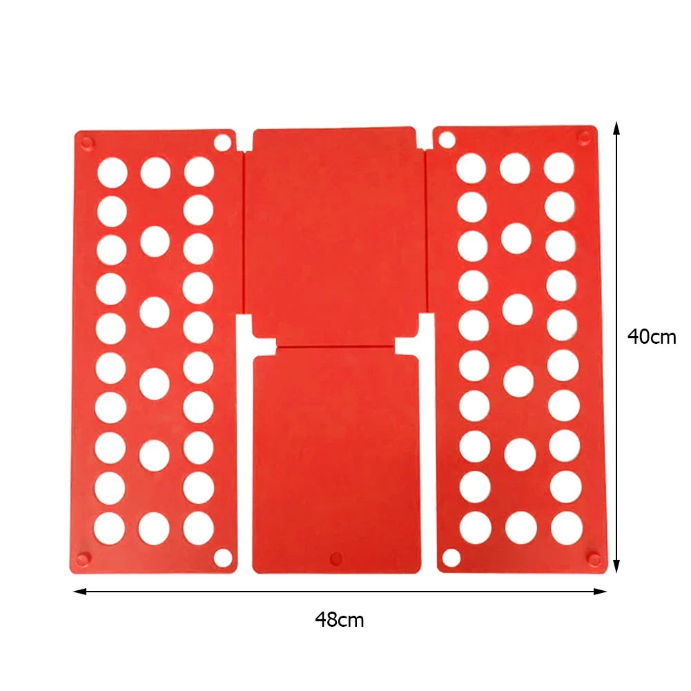 Red plastic clothes folding board with multiple holes for shirts and t-shirts