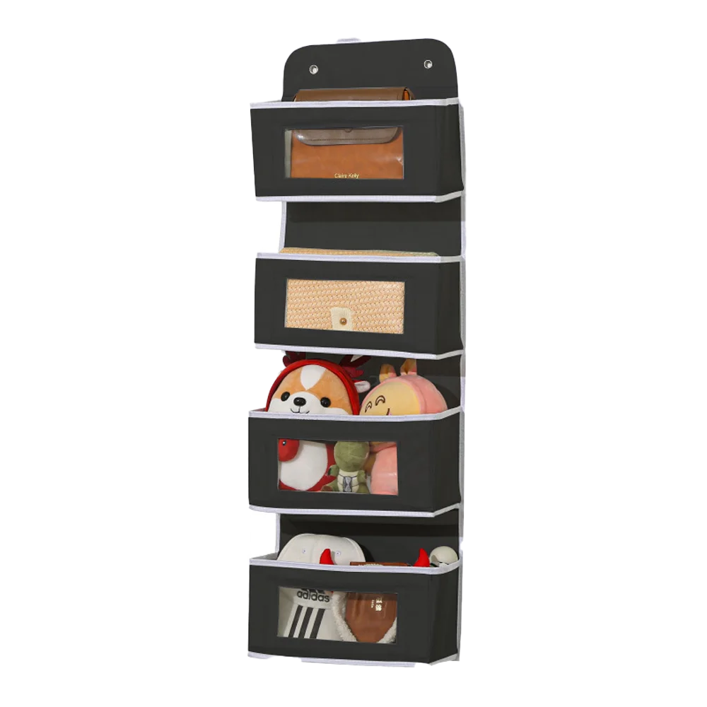 A vertical organizer with multiple compartments for hanging items like wallets, cosmetics, and small accessories.