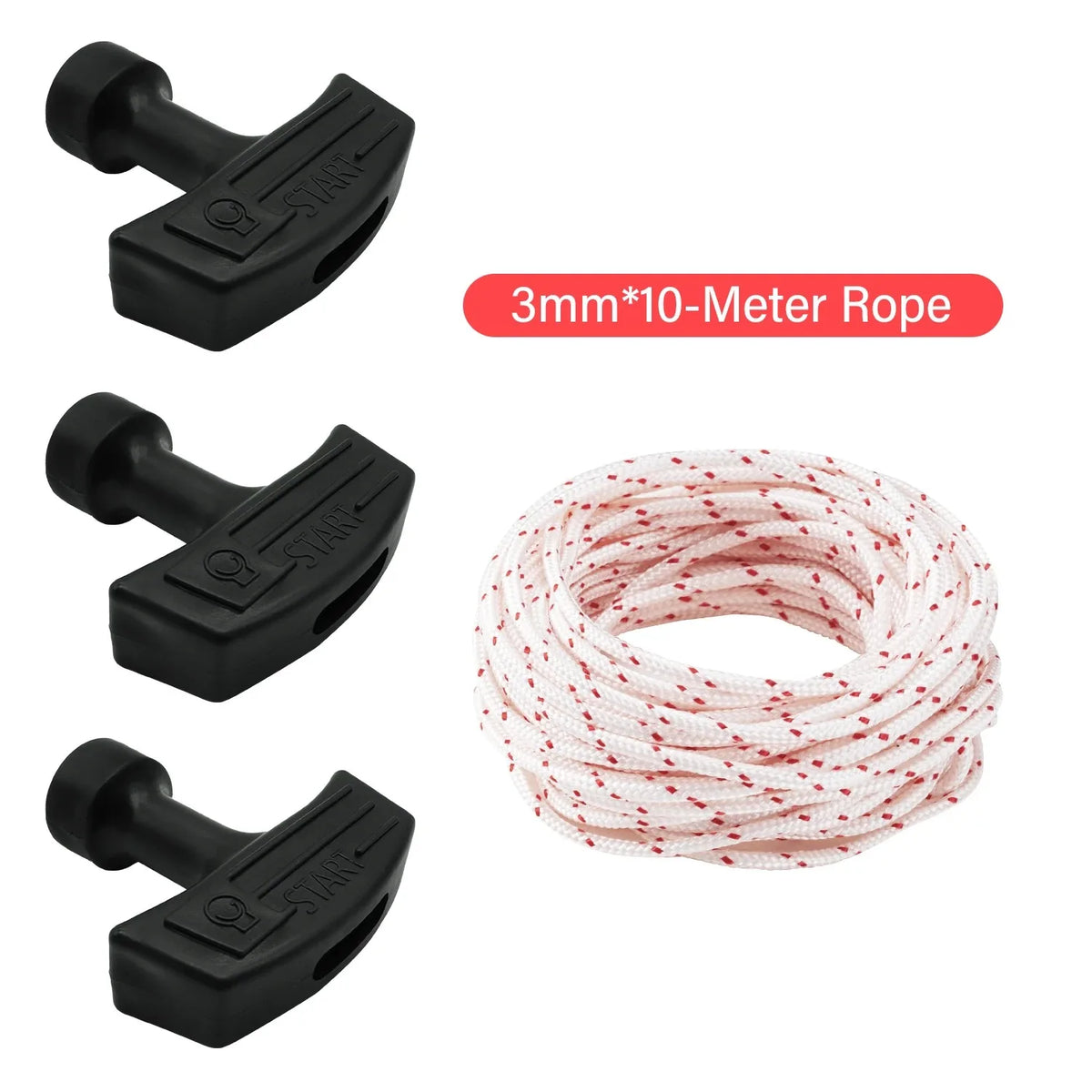 Black nylon recoil starter rope, 3mm diameter, 10-meter length, coiled for chainsaw and trimmer use.
