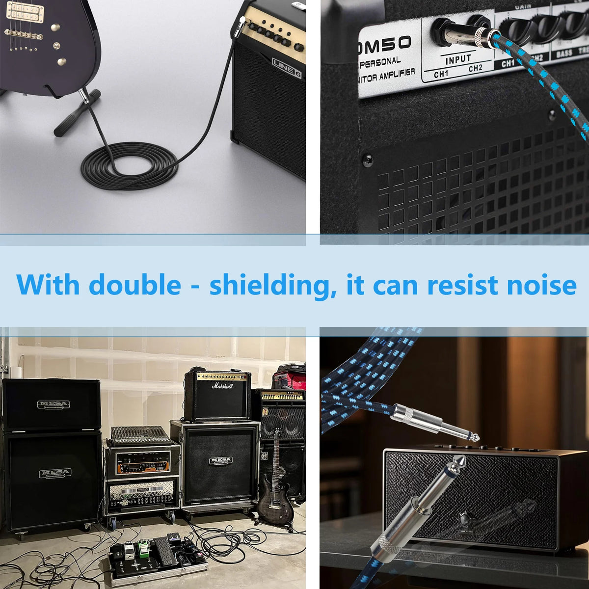 A braided 6.35mm guitar cable with a right-angle connector is shown connected to an Omso personal guitar amplifier.