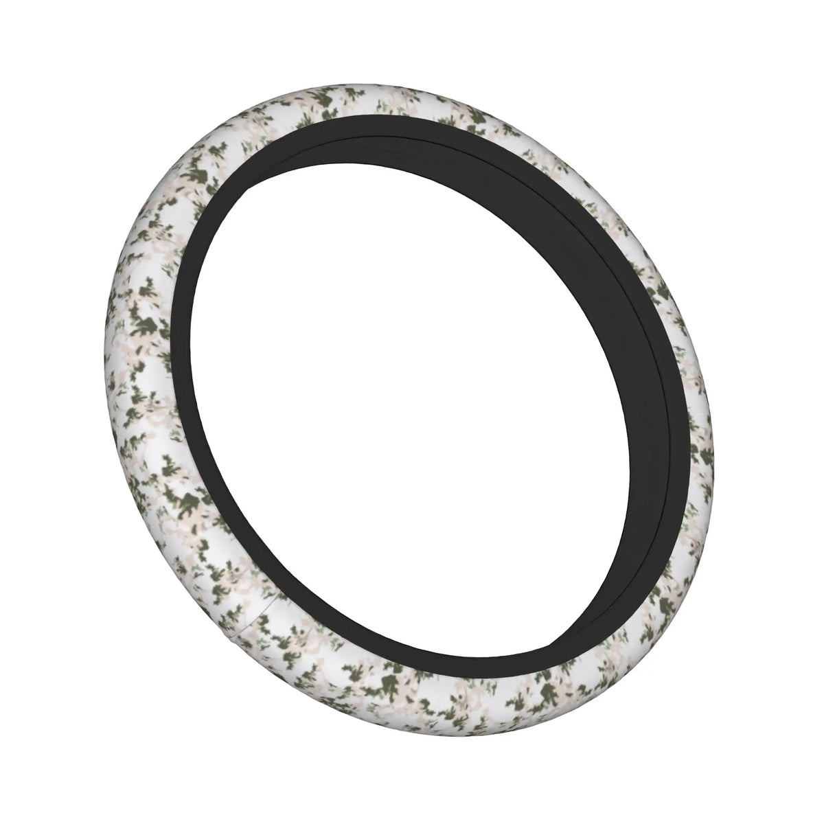A black steering wheel cover with a camouflage pattern on the rim.