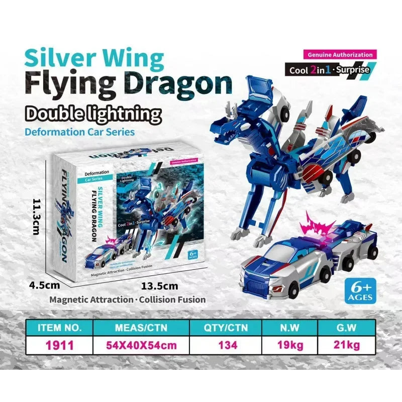 Silver Wing Flying Dragon double lightning deformation car toy set with magnetic parts