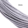 Close-up of a silver braided leather cord, 3mm in diameter, shown in a diagonal view.