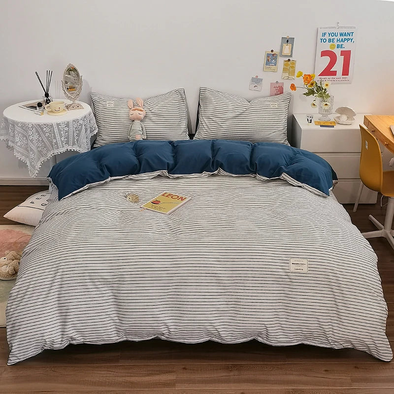 100% Cotton Duvet Cover Set with Plaid Stripe – Breathable & Skin-Friendly