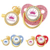 A set of crystal rhinestone pacifier chain clips featuring pink and gold designs.