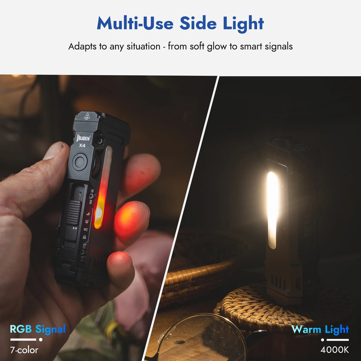 A hand holds a Wuben X4 compact flashlight demonstrating its RGB side light feature, showing warm and cool light options.