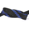 Black and blue braided cable sleeve for flexible wire protection