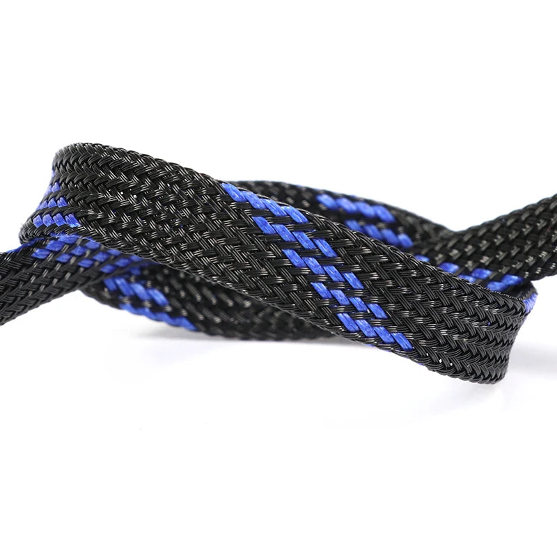 Black and blue braided cable sleeve for flexible wire protection