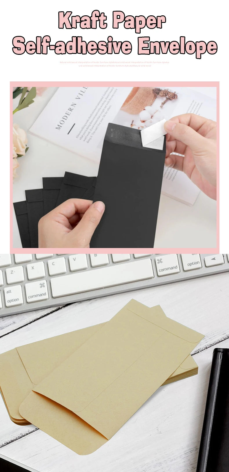 A hand is shown opening a black kraft paper self-adhesive envelope, with several envelopes laid out on a white surface.