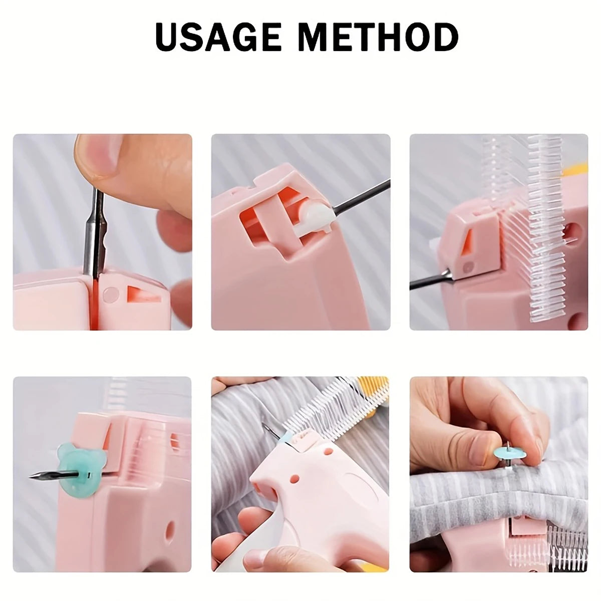Demonstration images showing the usage method of a mini sewing gun kit with needles and fasteners for fabric repairs.