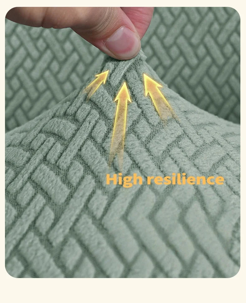 Close-up of a gray knitted fabric showing arrows indicating high resilience and texture.