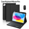 A black multi-angle keyboard case for an iPad, shown with a keyboard, mouse, and pen.