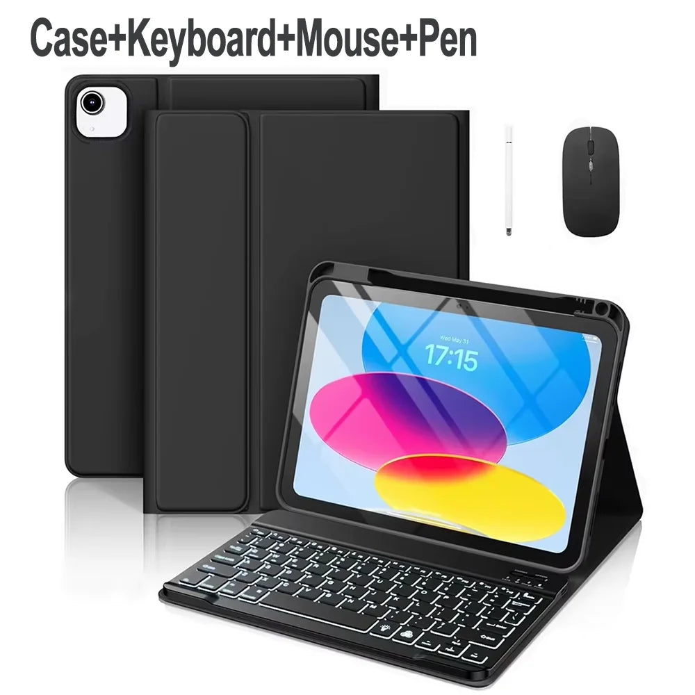 A black multi-angle keyboard case for an iPad, shown with a keyboard, mouse, and pen.