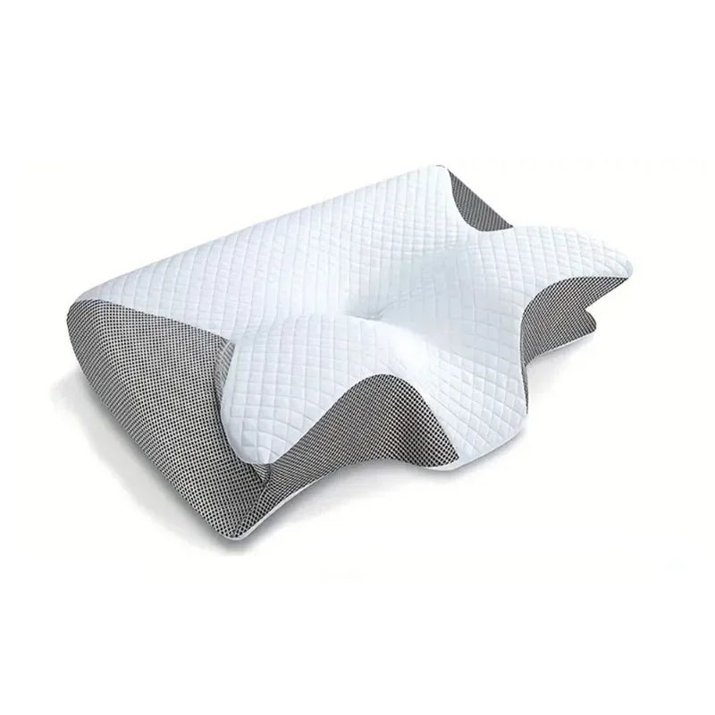 Almohada cervical de espuma viscoelástica blanca con funda de tela gris