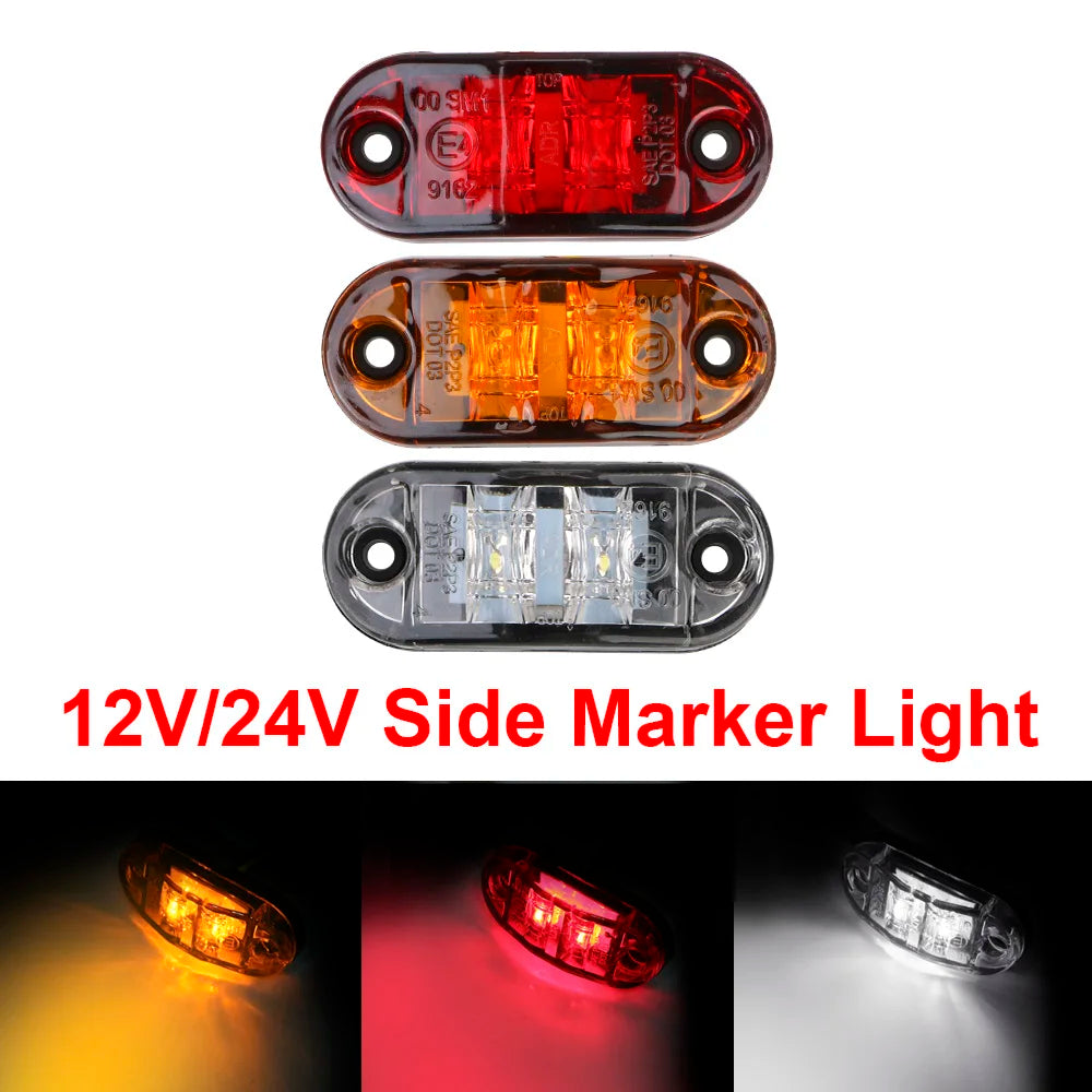 A pair of 12V/24V side marker lights, featuring red, white, and yellow LED bulbs.