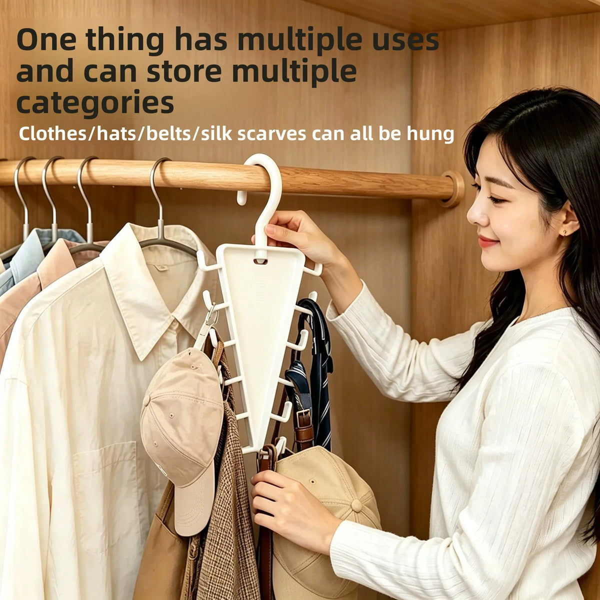A woman hangs silk scarves, hats, and belts on a wooden hanger in a vertical space-saving closet organizer.