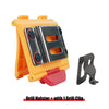 An orange drill holster with a black clip and a red grip, featuring a slot for a drill clip.