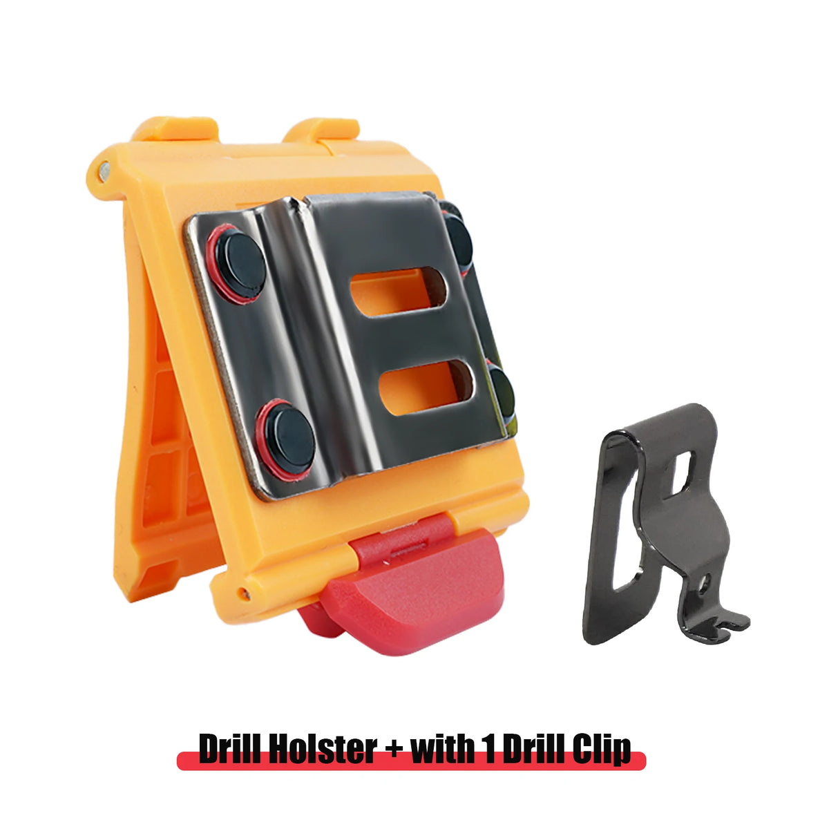 An orange drill holster with a black clip and a red grip, featuring a slot for a drill clip.