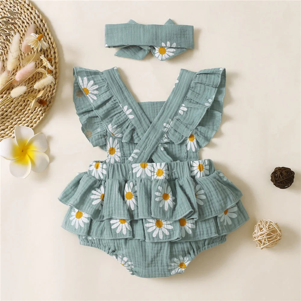 Baby Girl Sleeveless Floral Romper with Headband
